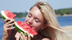Sand woman watermelons Beaches blondes models Lada D