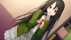 Schoolgirls microphones skirts blush long hair indoors 