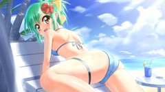 Sea Beaches anime girls green hair bikini original characters 