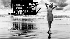 Sea clouds black and white coast woman Oregon monochrome 