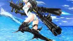 Sea clouds weapons white hair red eyes anime girls swimsuits 