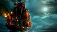 Sea fire clouds ships sails artwork