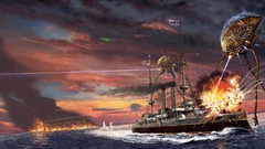 Sea fire War smoke explosions ships Aliens Lasers skies artwork 