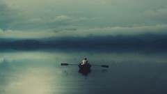 Sea fog water clouds lonely row boats