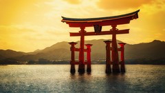 Sea hills Japan gate Islands architecture sunlight itsukushima 