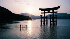 Sea Japan silhouettes architecture itsukushima shrine Japanese 