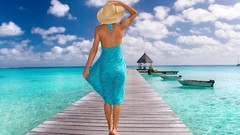 Sea nature clouds woman Bora Bora skies models blue dress