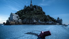 Sea nature Islands float cliffs architecture houses chains skies