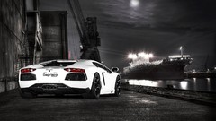 Sea night moon ships port cars Lamborghini 