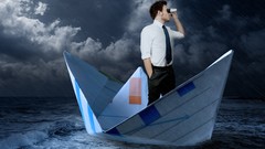 Sea situation Men binoculars paper boat