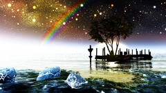 Sea stones Trees water Stars ocean Boats Islands rainbows skies 