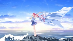 Sea water clouds wind rocks waves schoolgirls skirts pink hair 
