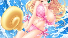 Sea water sun Beaches blondes anime girls green eyes bikini 