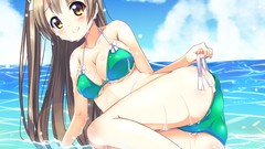 Sea wet long hair anime girls brunettes cleavage bikini love 