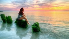 Sea woman sitting rocks barefoot redheads seaweed fantasy art