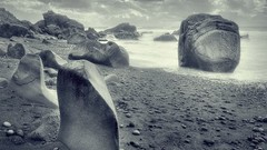 Seatbelts clouds rocks grey