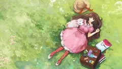 Sheep dress suitcase long hair anime girls green eyes brunettes 