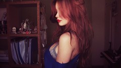 Shelf long hair lip bra bare shoulders redheads Blue Shirt