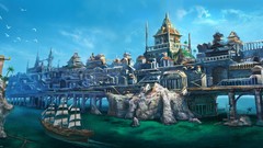 Ships Temples cities cityscapes artwork fantasy art rock islands