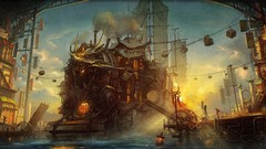 Ships wires buildings sails artwork fantasy art lamp posts 