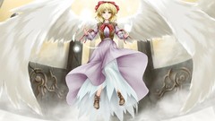 Shoes wings dress flying Ribbons bows blondes smiling anime 