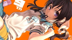 Shorts blush long hair anime girls brunettes bangs purple eyes 