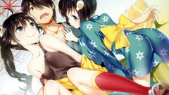 Shorts bows tank tops long hair anime girls green eyes brown 