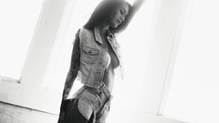 Shorts tattoos brunettes models black and blue arms raised open 