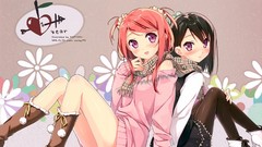 Sitting blush anime girls boots pantyhose purple eyes hair 