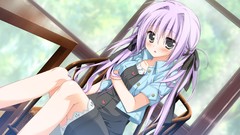 Sitting blush long hair anime girls indoors black eyes purple 