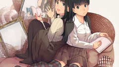Sitting skirts couch long hair anime girls pantyhose black hair 