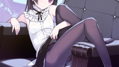 Sitting stockings skirts couch smiling long hair anime girls 