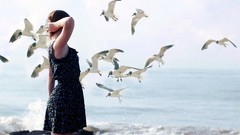 Situation woman Birds waves seagulls seashore