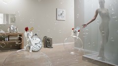 Situation woman clocks towels shower mirrors cellphones