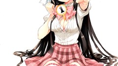 Skirts green eyes school uniforms black hair cleavage thigh 