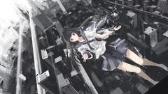Skirts long hair anime girls school uniforms cityscapes black 