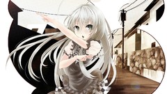 Skirts long hair green eyes gray hair open mouth nyaruko 