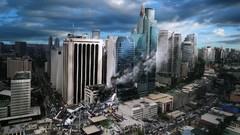 Skyscrapers chaos pilot error cities digital art plane crash