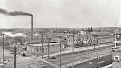 Smoke Michigan USA historic factories grayscale chimneys Amin 