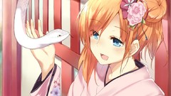 Snakes kimono blondes smiling blue eyes flower in hair hair 