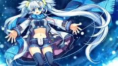 Snow blue headphones Shorts white hair coat scarfs smiling long 