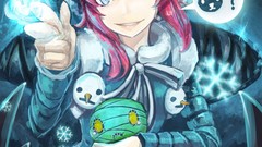 Snow dress young flames pink hair smiling blue eyes short hair 