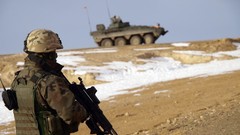 Snow hills War weapons Guns soldiers patrol tanks Rifles 