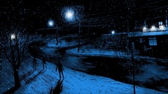 Snow night roads silhouettes houses shadows street lights 