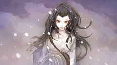 Snow red eyes long hair bare shoulders black hair cleavage 