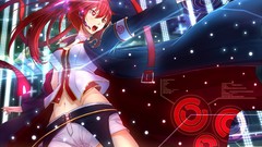 Snow text navel Shorts red eyes coat belts long hair anime 
