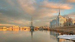 Snow water spring embankment Temples buildings quay cities 