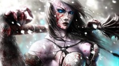 Snow winter blood horns armor blondes blue eyes cleavage mace 