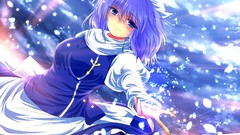 Snow winter blue clouds dress hats sunlight blush blue hair 