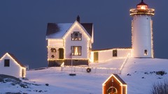 Snow winter Christmas Maine houses Christmas Lights lighthouses